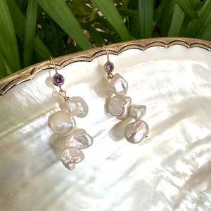 Keshi Pearl Drop Earrings, Gold Filled Hook and Purple Cubic Zirconia Bezel, Bridesmaids Gift, Birthday Gift For Her, Gifts For Her