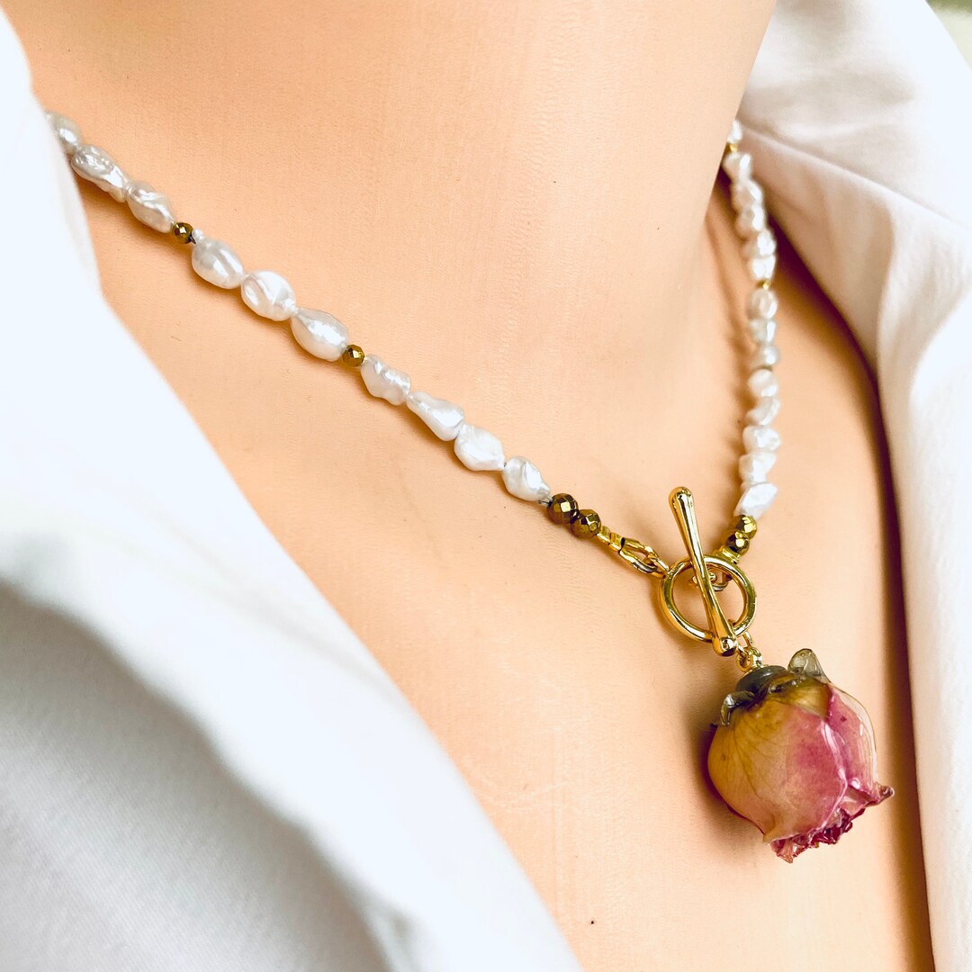 Real Pink Rose & Keshi Pearl Necklace: Gold Plated Rosebud Pendant, 16 ...