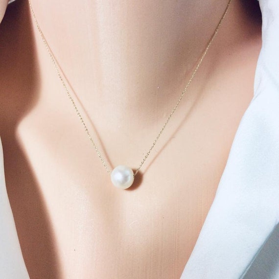 Gold Single Pearl 14K 18K Gold Chain Necklace, Floating Pearl Necklace, 9 mm Simple Freshwater Pearl Gold Necklace Is A Great Gift for Women June