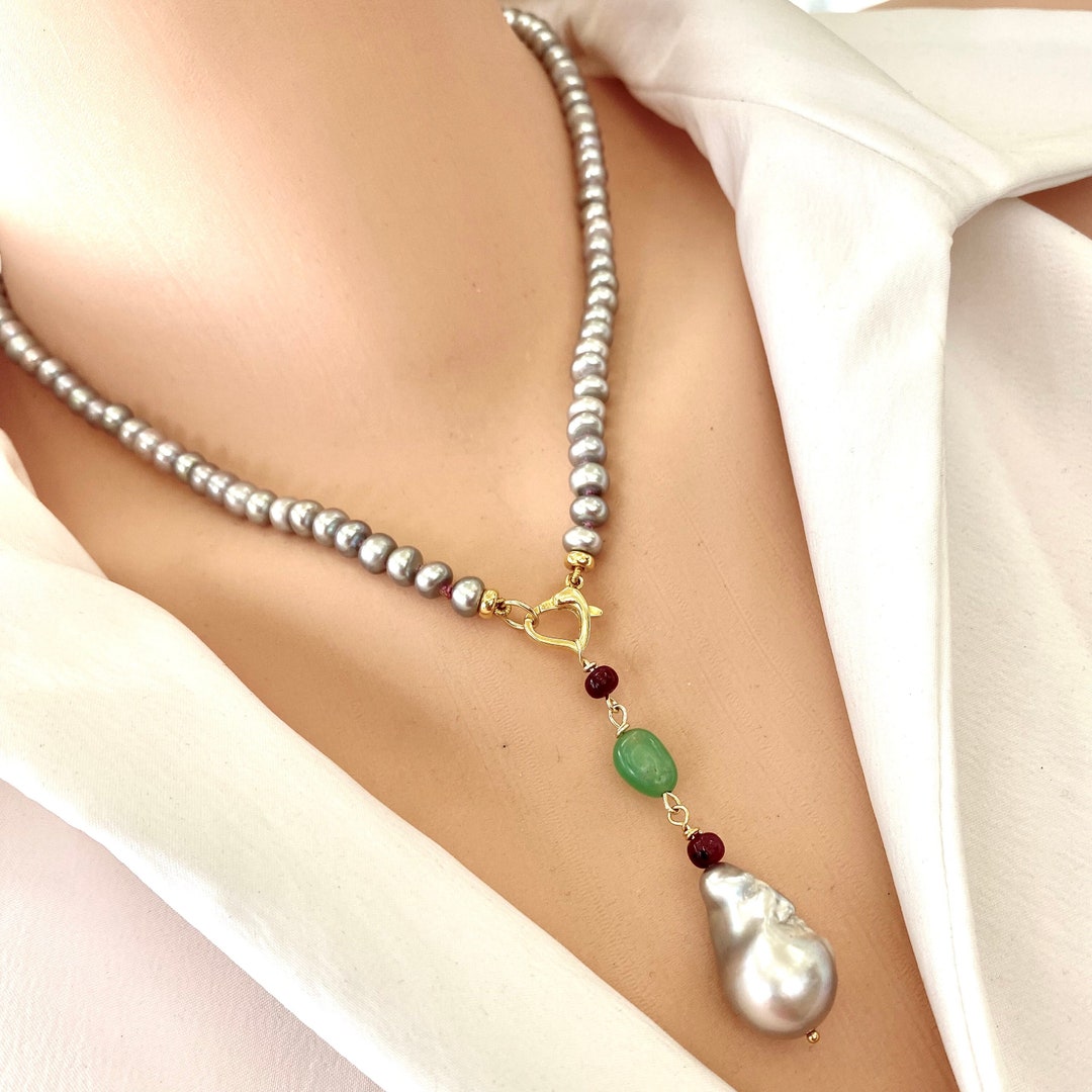 Grey Button Shape Pearl Necklace, Ruby, Chrysoprase Baroque