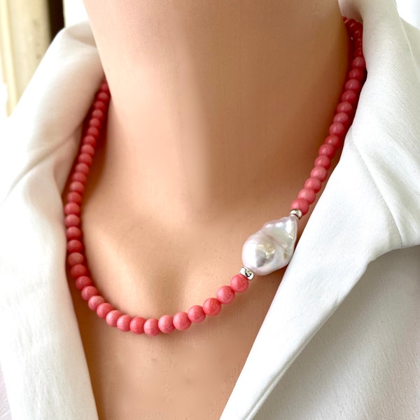 Pink Coral and Baroque Pearl Necklace with Sterling Silver Details, Summer jewelry, Beach jewelry, 18.5" inches,  Gifts for Her