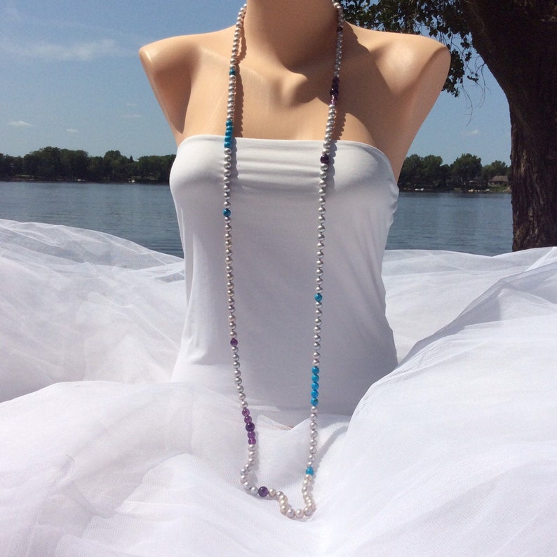 Turquoise Necklace Freshwater Silver Pearl w Turquoise and Amethyst Long Rope Necklace Amethyst Beaded Necklace Pearl Jewelry