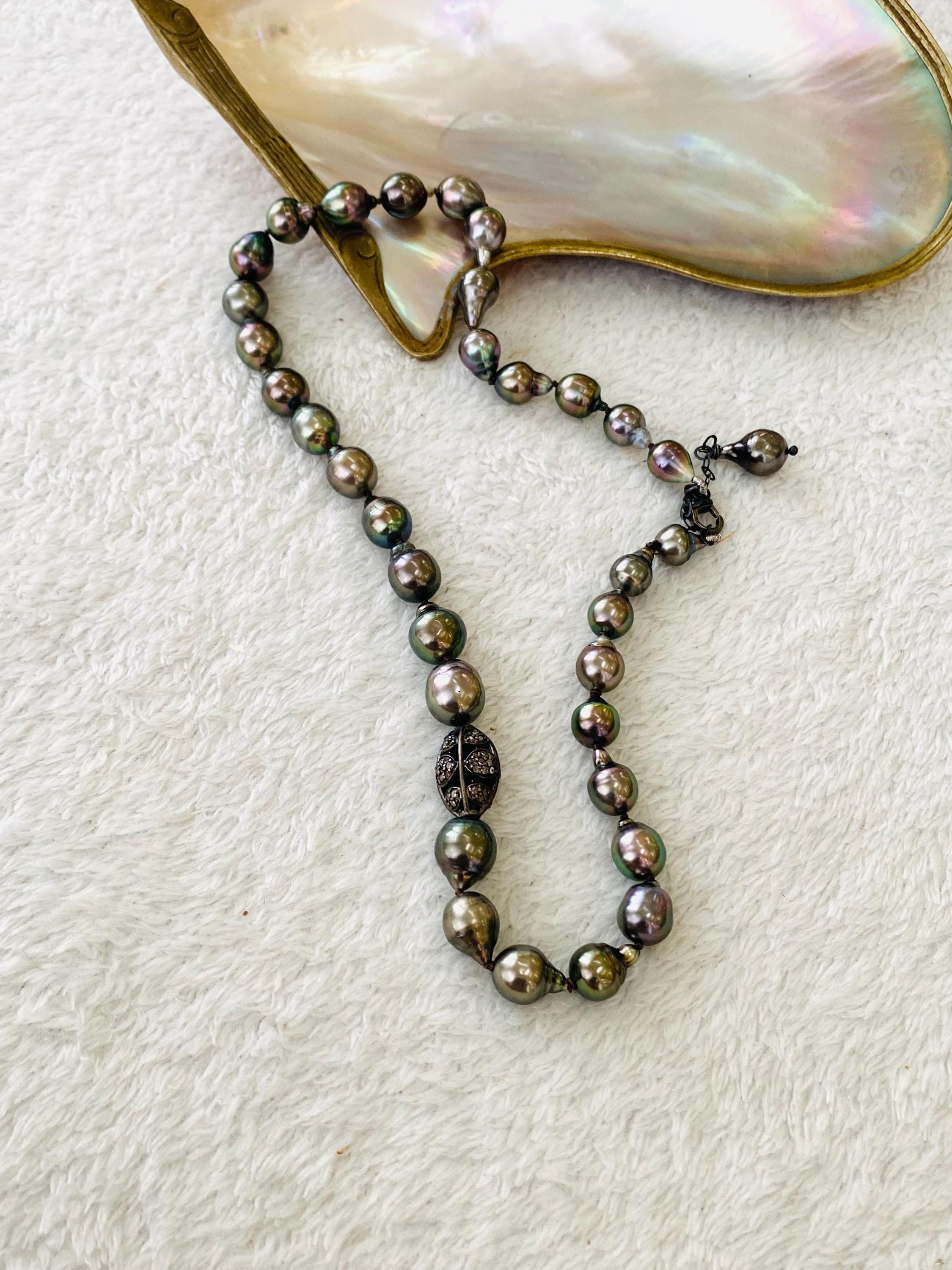 Tahitian Pearl Necklace: Baroque Black Pearls, Champagne Diamond