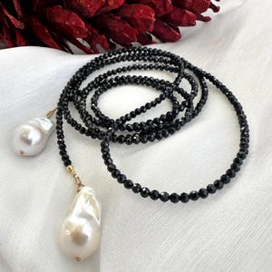 Black Spinel Beads & Two Baroque Pearl Lariat Wrap Necklace For Women, 46&quot;in, Made in Canada Gifts For Her, Versatile Necklace.