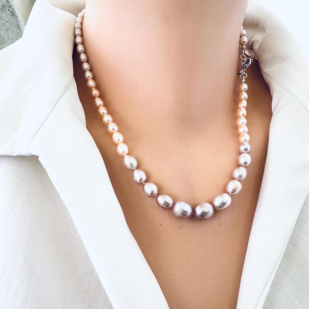 Hand Knotted Pastel Pearl Necklace: Sterling Silver Tulip Clasp 18