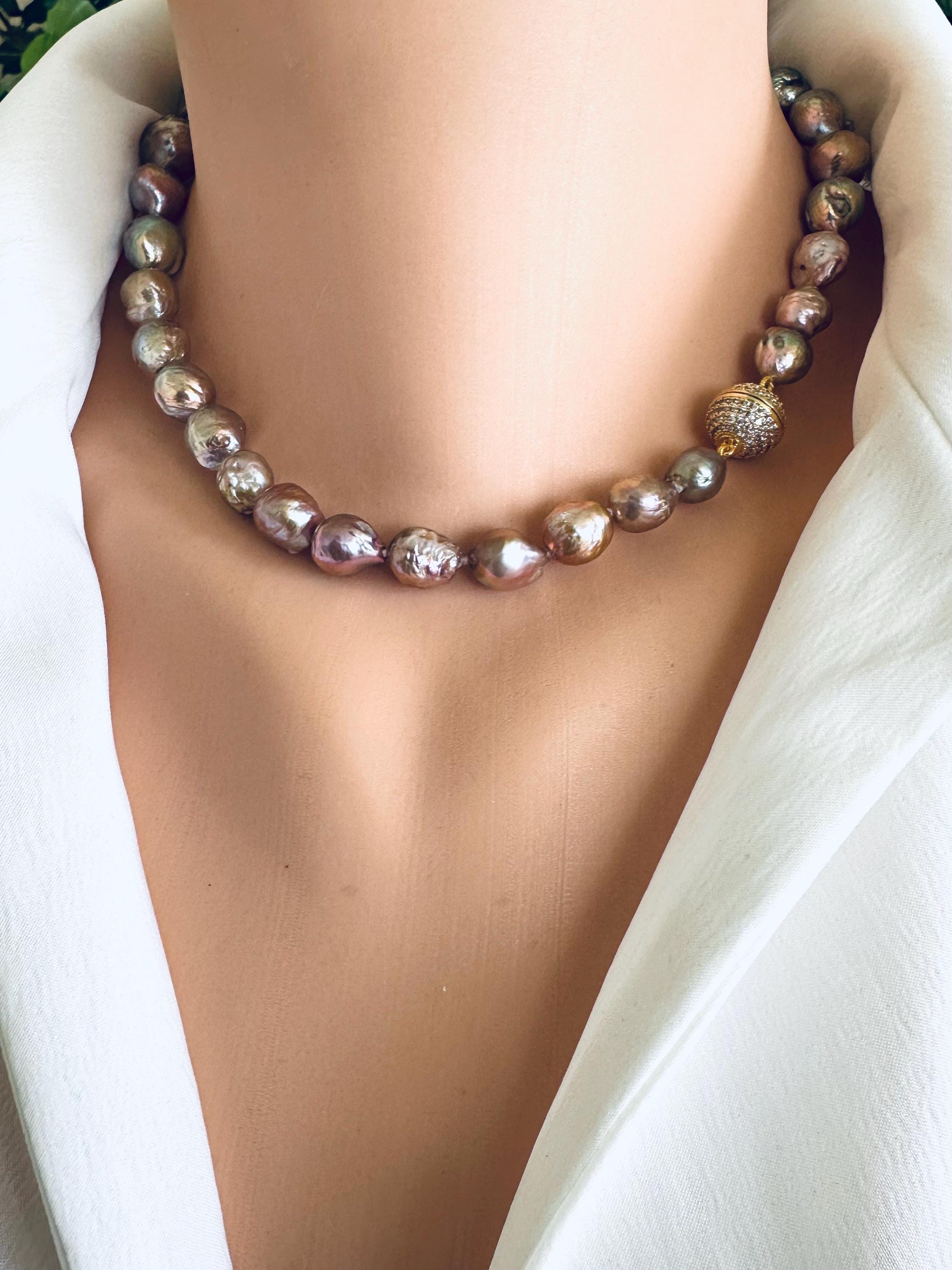 Edison Pearl Necklace, Wrinkled Avocado Pearls With Pink–green
