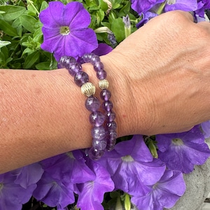 AAA+ Amethyst Bracelet in 6 or 8mm, February Birthstone, Gold Filled, Genuine Beaded AAA Amethyst Stretchy Bracelet, 7&quot;in, Gift For Her