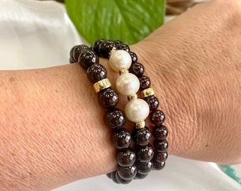 Garnet & Freshwater Pearl Bracelet: Red Gemstone, Gold Filled Jewelry