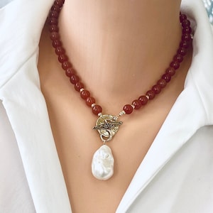 Red Agate Toggle Necklace & Baroque Pearl Pendant, Carnelian with Baroque Pearl Pendant Necklace, Gold Bronze, Autumn Necklace, 17&quot;inches