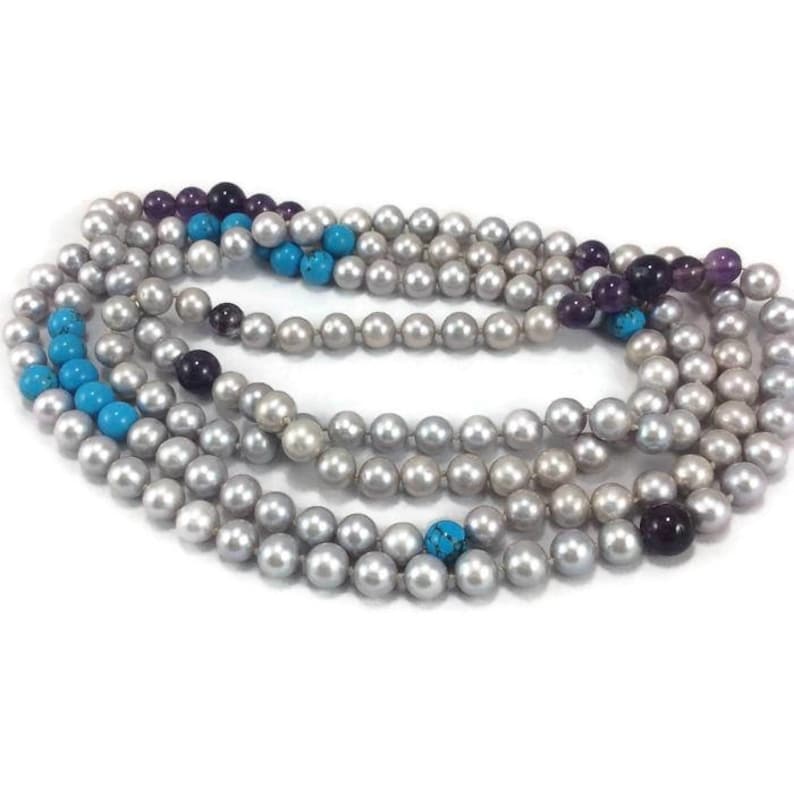 Turquoise Necklace Freshwater Silver Pearl w Turquoise and Amethyst Long Rope Necklace Amethyst Beaded Necklace Pearl Jewelry