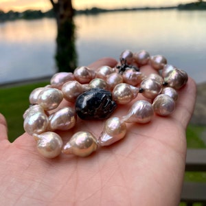 Pink Baroque Pearl Necklace with Unique Side Element, Black Rhodium Plated Silver Details, Natural Metallic Lustre, 18 inches, Gifts For Her