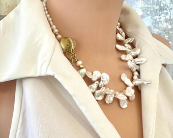 Collier de perles Keshi : fermoir feuille d'or, bijoux de mariée asymétriques, 19"