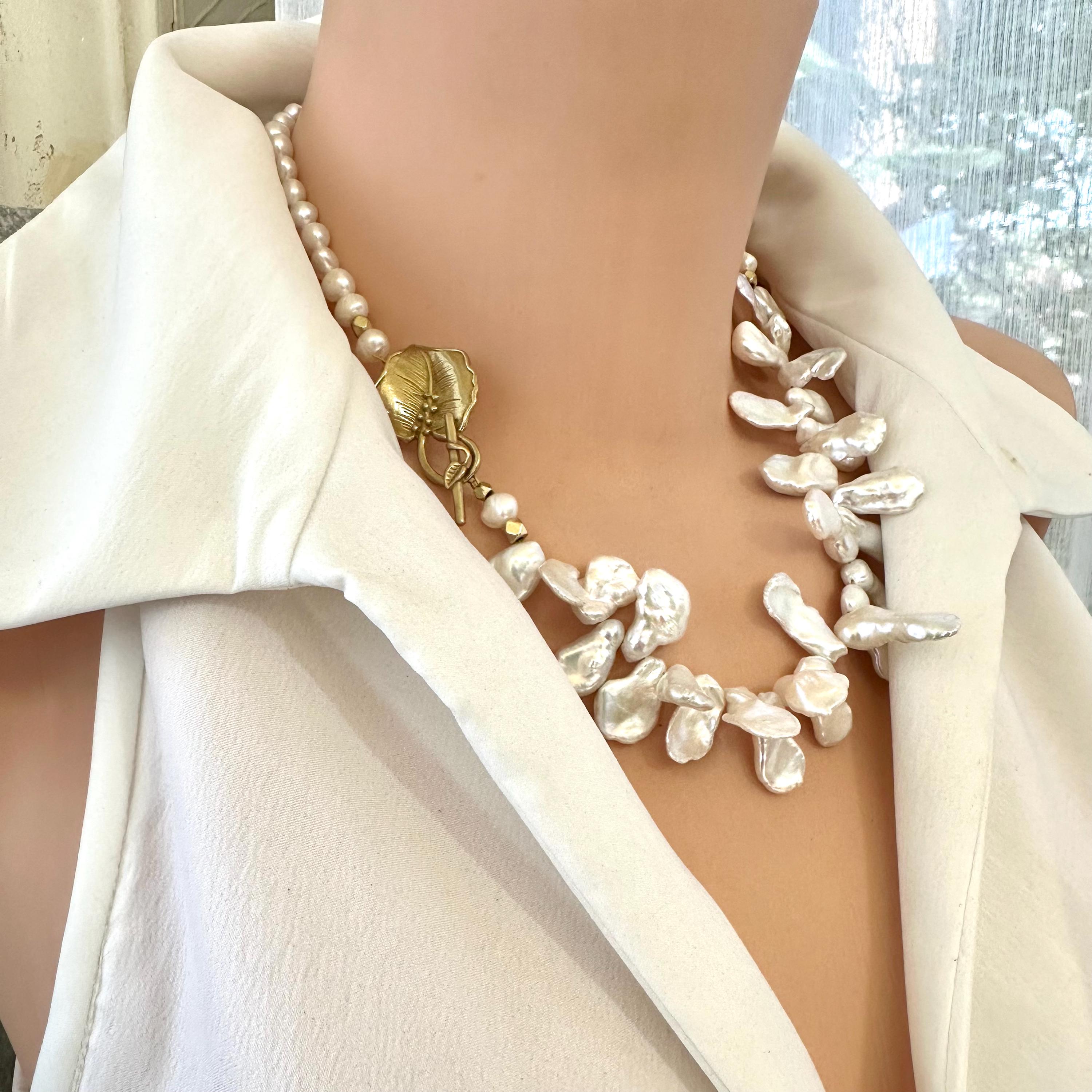 Keshi Pearl Necklace: Gold Leaf Clasp, Asymmetrical Bridal Jewelry