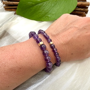 AAA+ Amethyst Bracelet in 6 or 8mm, February Birthstone, Gold Filled, Genuine Beaded AAA Amethyst Stretchy Bracelet, 7&quot;inches