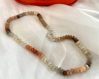 Hand Knotted Mix Moonstone, Labradorite, Sunstone Candy Choker Necklace, Sterling Silver Marine Clasp, 16&quot; inches