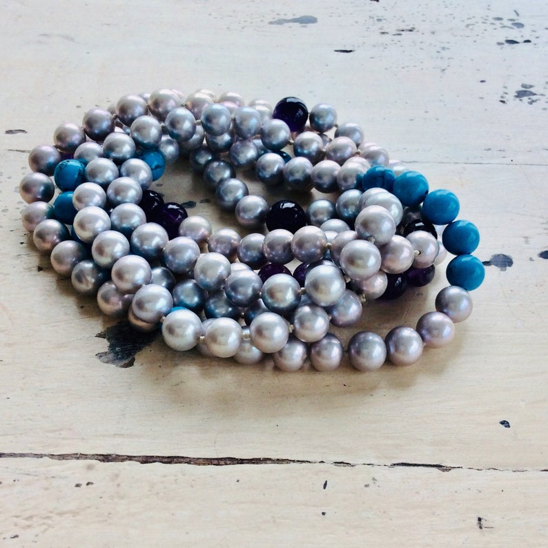 Turquoise Necklace Freshwater Silver Pearl w Turquoise and Amethyst Long Rope Necklace Amethyst Beaded Necklace Pearl Jewelry