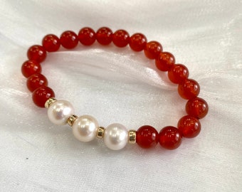 Pulsera de cornalina naranja quemada y perlas de agua dulce: chapada en oro, 18 cm (7 pulgadas)