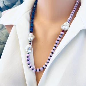 Lapis Lazuli & Baroque Pearl Necklace – Asymmetrical with Lavender Opal, Red Agate, Blue Sapphire – Sterling Silver – December Birthday Gift