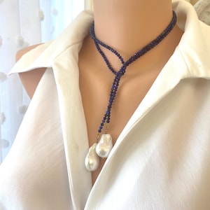 Single Strand of Lapis Lazuli and two Large Baroque Pearls Beaded Lariat Necklace, December Birthstone Personalized Gift For Her, 39"inches