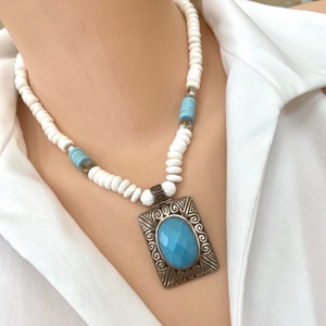 Vintage Turquoise Pendant, Hand Knotted White Tridacna Shell Beads Necklace, Oxidized Silver Details & Blue Vinyl Disks, Boho Chic Jewelry