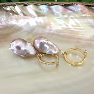 Light Pink Baroque Pearl Dangle Earrings, Cz Pave Gold Vermeil Plated Sterling Silver Hoops, Pearl Drops 24-45mm, Handmade in Canada