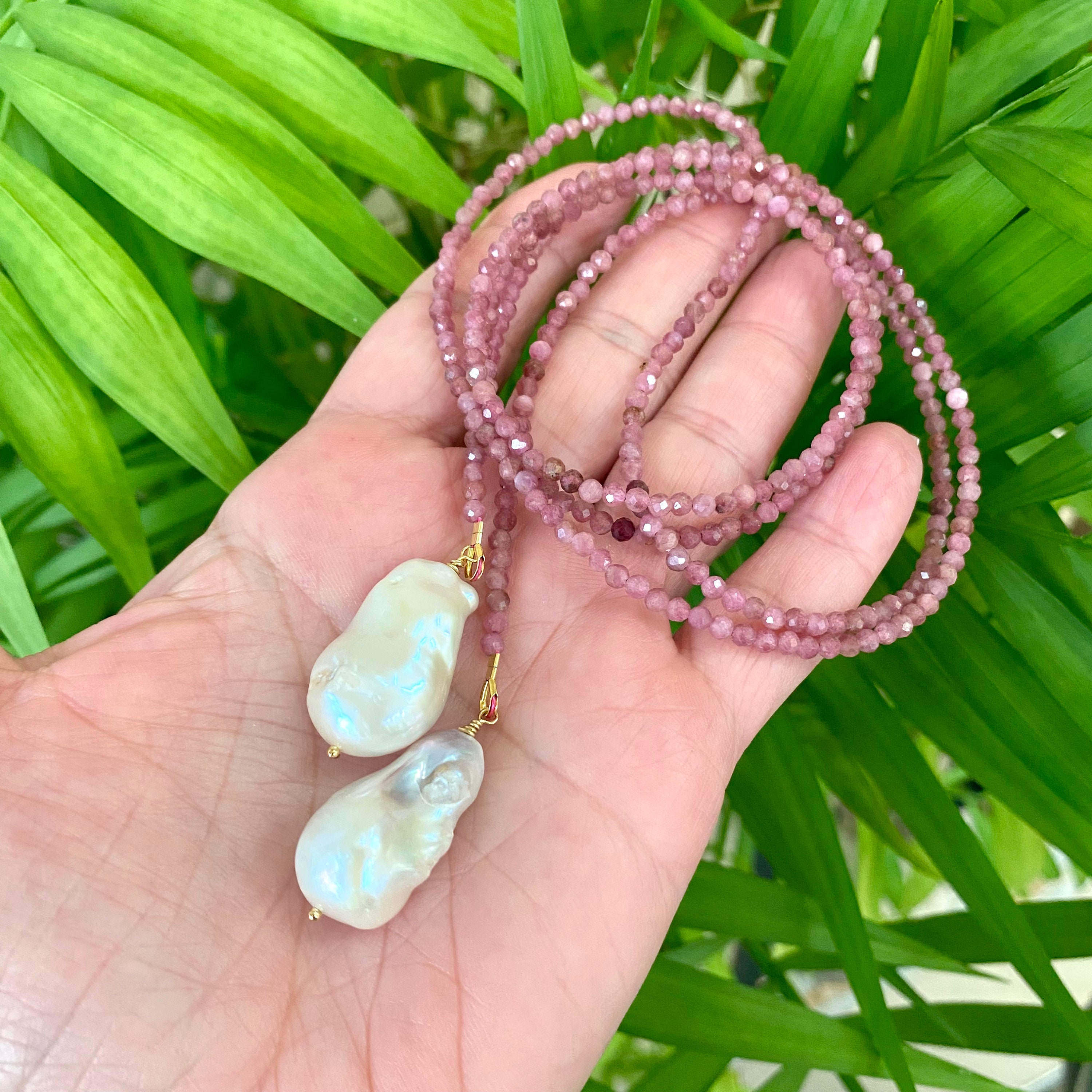 Pink Tourmaline & Baroque Pearl Lariat Necklace, Wrap Bead