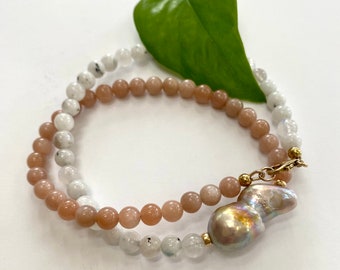 Sunstone and Moonstone Necklace with A Lavender Baroque Pearl, Gold Filled Beads and Closure,  Gifts for Her