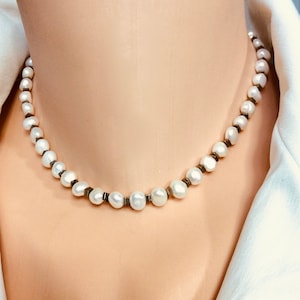 Timeless Elegance: Freshwater White Pearls and Hematite Beads Choker Necklace, Bridesmaid Gifts, Prom Necklace, Gifts For Her, 14-15&quot;inches
