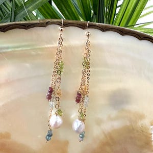 Yellow Gold Multi Gemstones and Baroque Pearl Chain Earrings, Aquamarine, Citrine, Peridot & Pink Tourmaline, Gemstone Long Dangle Earrings