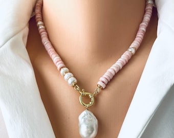 Pink Opal & Pearl Necklace: Vermeil Gold, Removable Baroque Pendant, 17.5"