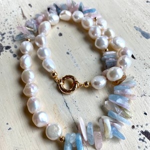 Morganite, Aquamarine Chips and Fresh Water Pearl Asymmetric Necklace, Gold Plated Details & Push Lock Closure, 20.5inches, Modern Jewelry image 5