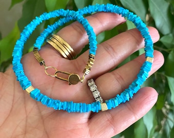 Turquoise choker: gouden vermeil sluiting, geboortesteen december, 15,5 of 16 inch