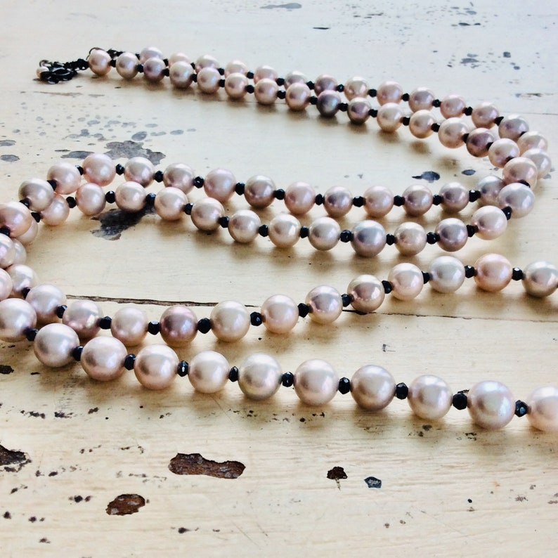 Long Necklace Long Opera Necklace Charcoal Pyrites necklace Lavender Pink Freshwater Pearls Necklace Pearl Necklace Pyrite Necklace
