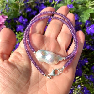 Purple Amethyst and White Baroque Pearl Necklace - Personalized Gift for Her - Sterling Silver -February Birthstone - 17&quot;inches