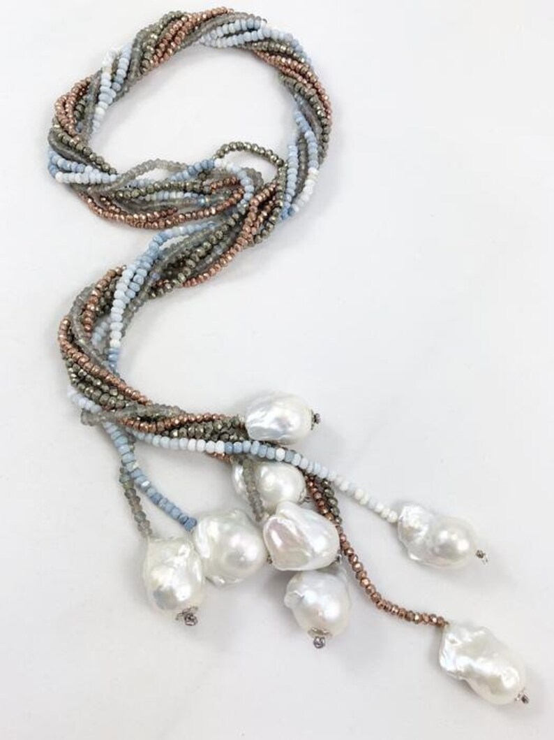 Lariat Necklace-Blue Opal-Opal Necklace-Pearl Necklace-Minimalist-Baroque Pearl-Y Necklace Shades of Blue Boulder Opal-White Baroque Pearl