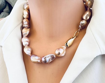 Golden Pink Baroque Pearl Necklace: Hand-Knotted Vermeil Clasp, 18"
