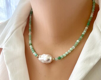Chrysoprase Beaded Necklace: Freshwater Baroque Pearl, Gold Filled, 17.5"