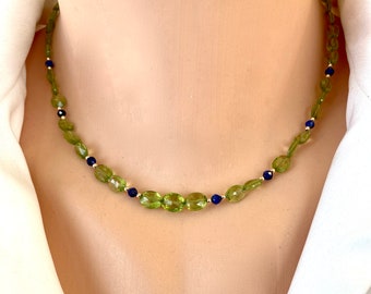 Peridot and Lapis Lazuli Beaded Necklace Dainty Short Necklace Gold Filled 16