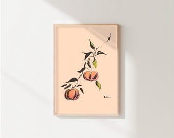 Pfirsich Tinte Skizze Kunstdruck | Minimalistische botanische Zeichnung