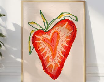 Handgetekende aardbei keukenkunstdruk: keuken- en eetkamerdecoratie