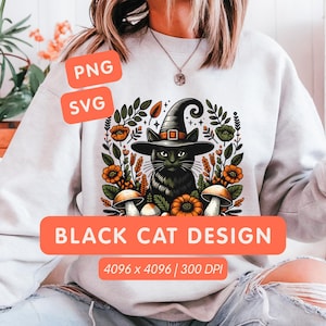 Witchy Black Cat SVG: Projekt Cottagecore na Halloween (do użytku komercyjnego, do pobrania cyfrowego)