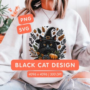 Czarownica z czarnym kotem SVG PNG: Projekt Cottagecore na Halloween (pobieranie cyfrowe)