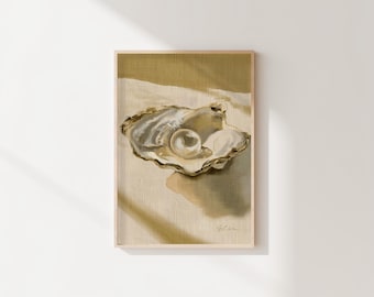 Oyster Still Life Fine Art Print | Digital Painting | Minimal Coastal Wall Art for Modern Home Decor