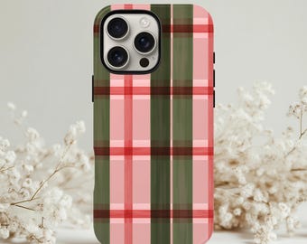 Gemütliche rosa und grün karierte Handytasche | Retro Kariertes robustes robustes Gehäuse | Schützendes iPhone & Samsung Cover
