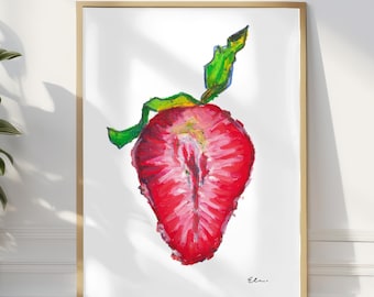 Strawberry Oil Pastel Art Print: Kitchen & Dining Room Wall Decor