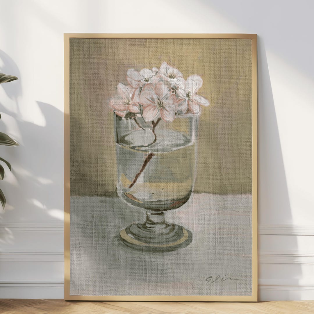 Floral Still Life Poster | Pink Blossoms in Glass Vase | Soft Botanical ...