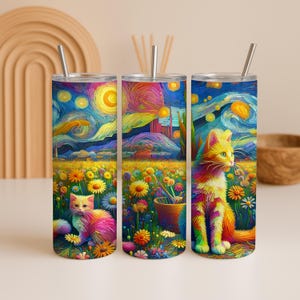 Nahtlose Regenbogen Katze Sublimationsbecher Wrap PNG Ölgemälde Floral Nahtlose Katze Tumbler Design Katzenliebhaber Geschenk