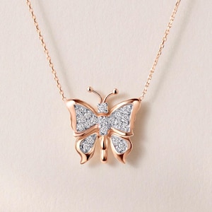 Butterfly Necklace| 14K Rose Gold Pave Diamond Butterfly Pendant Necklace| Butterfly Diamond Necklace| Women&#39;s Jewelry
