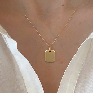 Solid 14K Yellow Gold Tag Necklace| Custom Engraved Charm| Engraved Dog Tag| Gold Rectangular Pendant| Personalized Gold Gift For Her