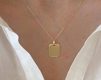 Solid 14K Yellow Gold Tag Necklace| Custom Engraved Charm| Engraved Dog Tag| Gold Rectangular Pendant| Personalized Gold Gift For Her